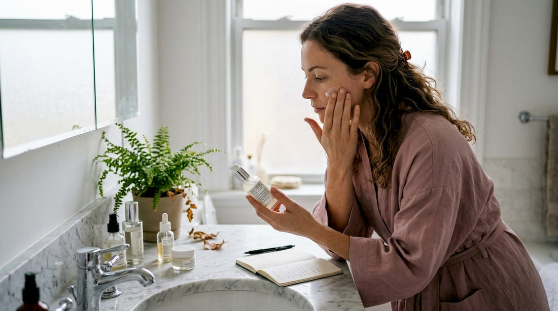 Woman reading skincare label in home bathroom