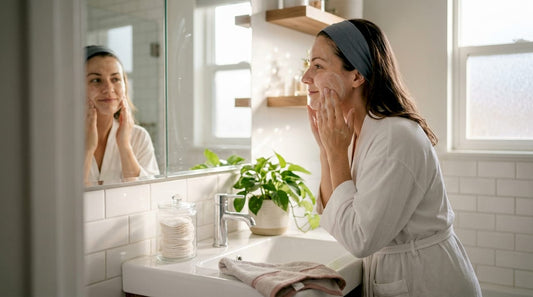 Woman applying natural cleanser in home bathroom