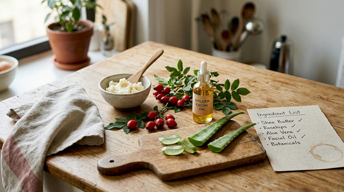 Natural skincare ingredients on tabletop